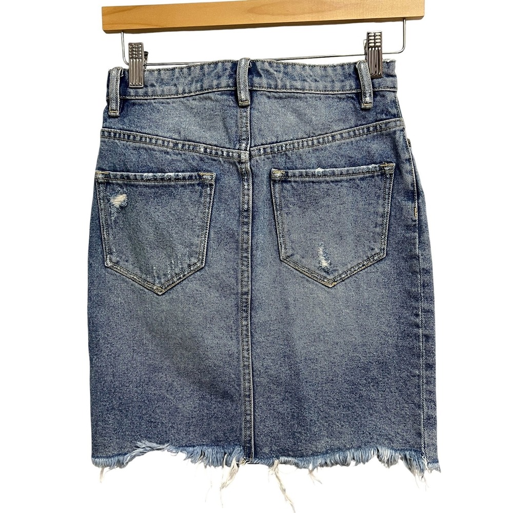 AllSaints Kim Denim Skirt Womens Size 2 Blue Distressed Raw Hem Mini Grunge - Picture 2 of 6